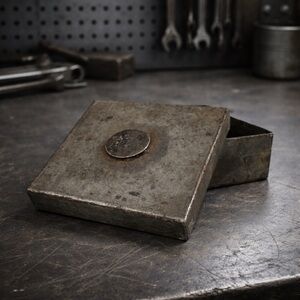 Vintage Handmade Steel Box w/ 1943 Australia Florin Coin (0.925 Silver) Lid 4x4